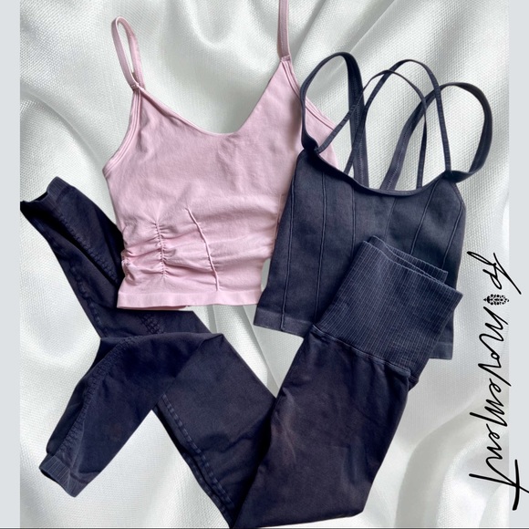 New! Set of Good Karma Black Leggings + Pink Ruched Tank + Black Strappy Tank